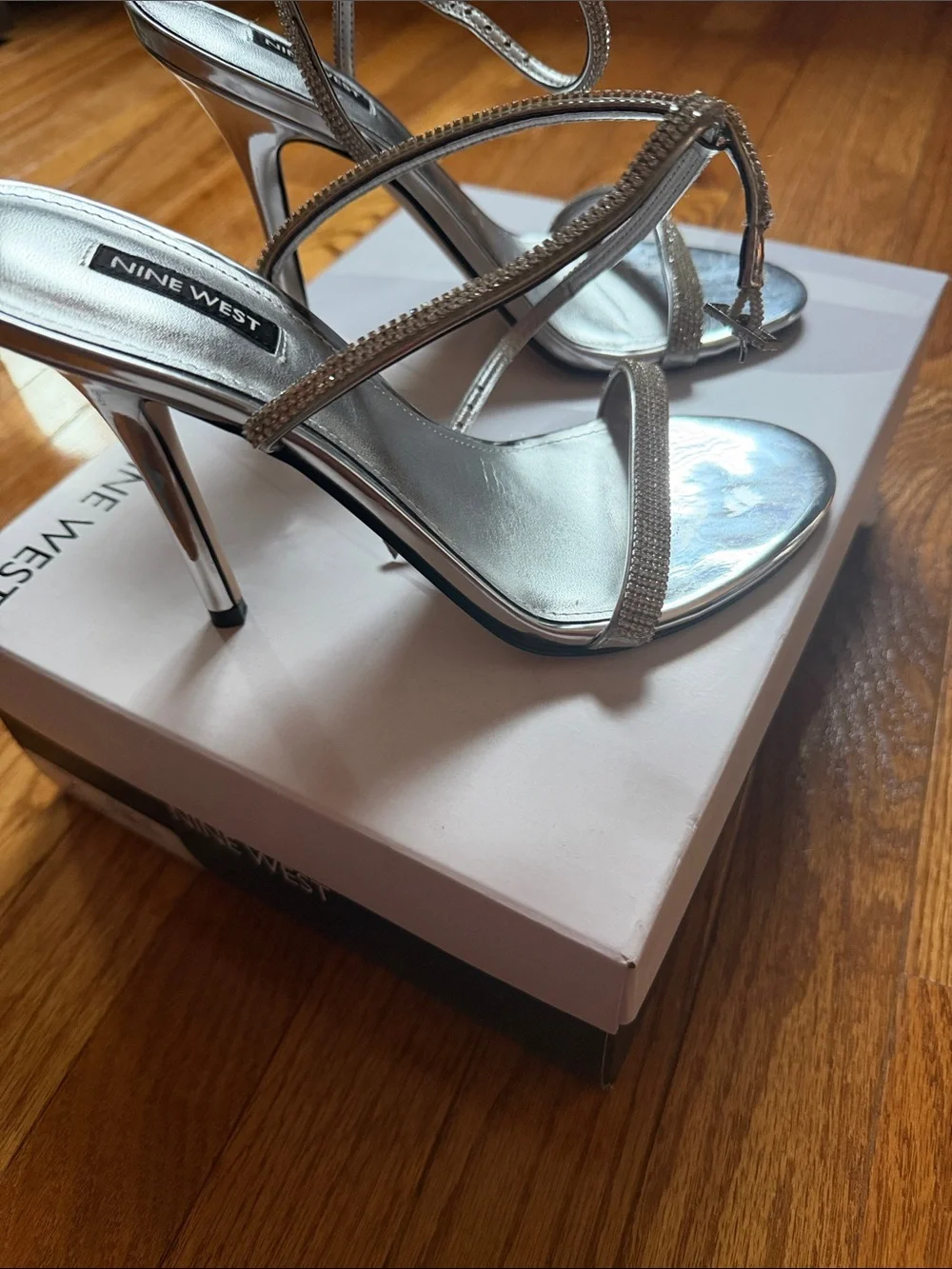 Nine West Shimmery Silver Ankle-Strap Heels